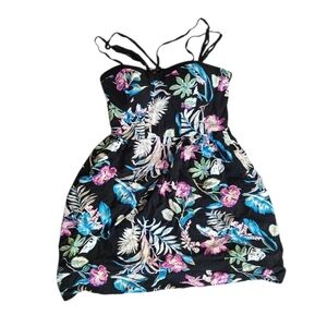Womens XS Black Tropical Floral Sweetheart Mini Sun‎ Dress Bubble Hem